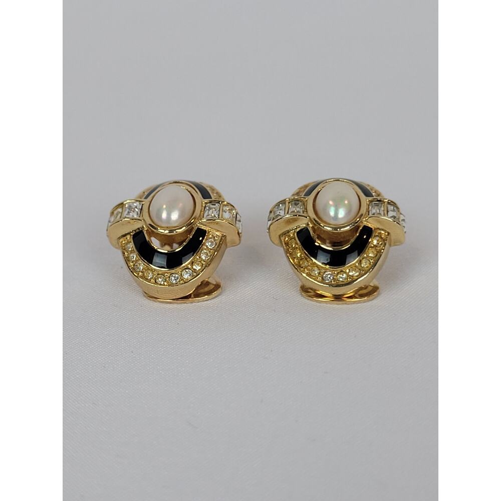 Christian Dior Vintage Black Enamel, Crystal & Faux Pearl Clip Earrings Signed - Picture 6 of 9